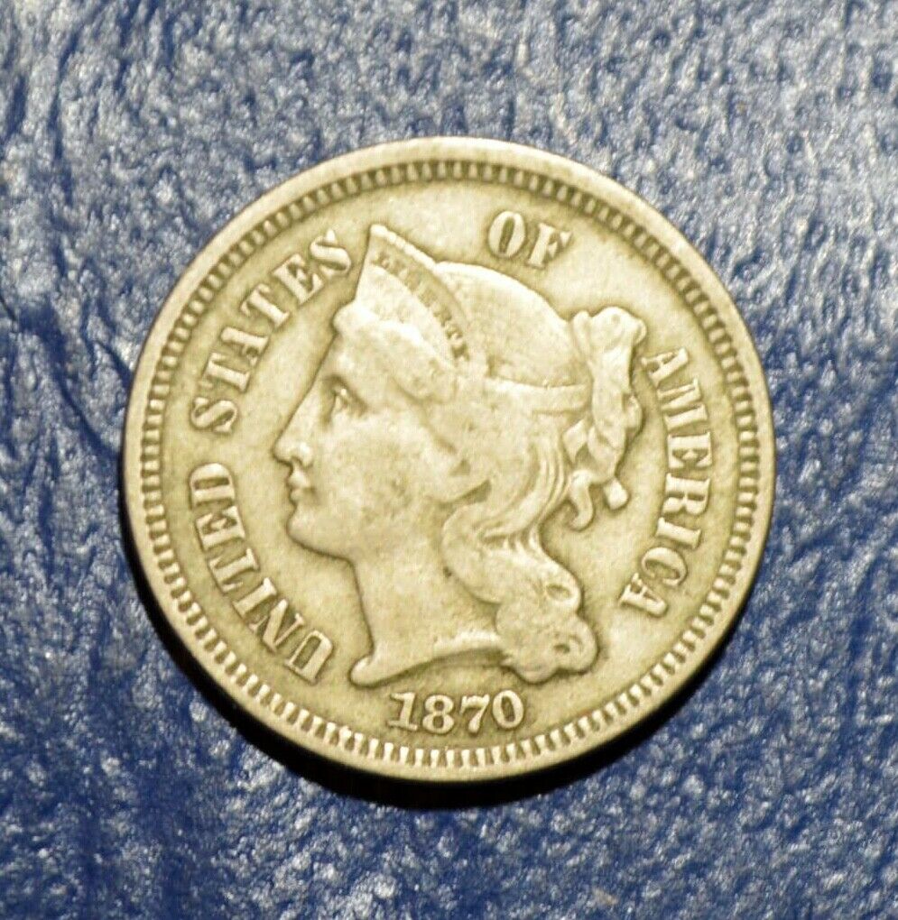 1870 Post Civil War  Philadelphia Mint Nickel Three Cent Coin Free Shipping