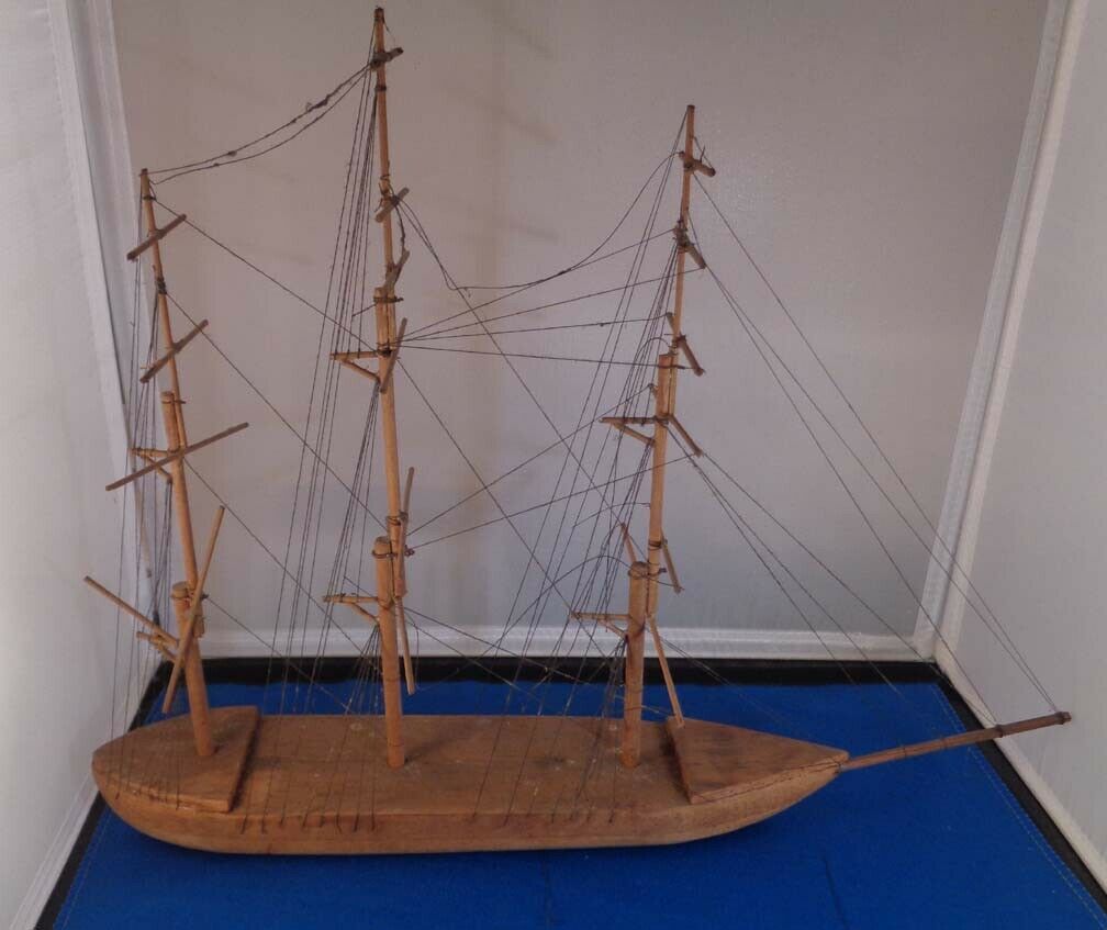 Vintage Folk Art Hand Made 3 Masted Sailing Ship 16"