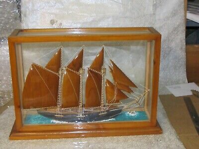 Large Wooden Schooner Ship Model With Rigging Mounted Glass Case Handmade