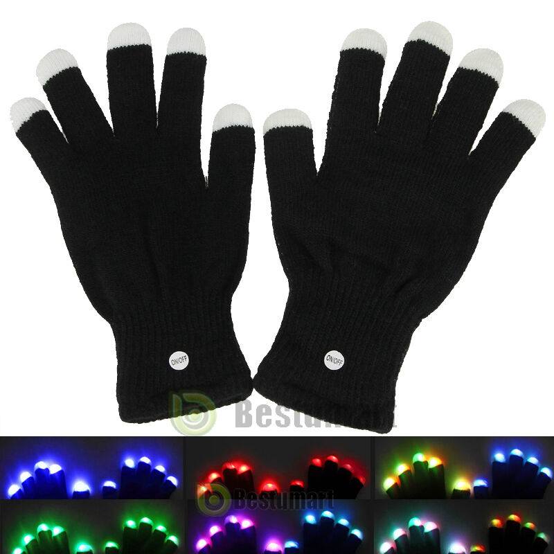 One Pair Led Rave Flashing Gloves Glow 7 Mode Light Up Finger Lighting Black New